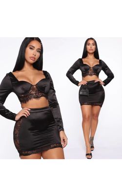 Fashion Nova Black Satin Lace Set