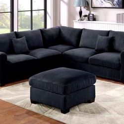 ✅$490 No Tax 4-pc Sectional Sofa With Ottoman Black Corduroy Fabric Material 