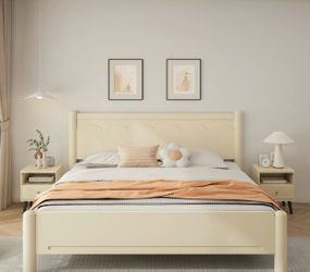 King Size Wood Bed Frame, Wood Platform Bed with Headboard, Solid Wood Legs, Mattress Foundation with 10 Wooden Slats, No Box Spring Needed Color -bei