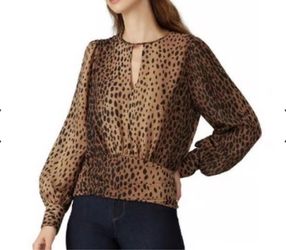 Good American Leopard Keyhole Shirt Blouse Brown Crew Neck Long Sleeves Size 3