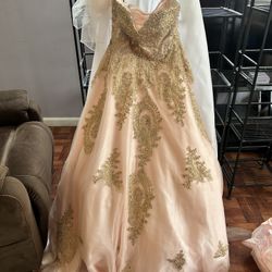 Light Pink And Gold Corseted Quince Dresses With Petty Coat And Crown 