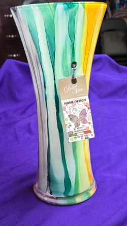 Dolce Vita By Franco Home Design - 100% Handmade - Made in Italy."    
14 1/2 inches tall vibrant, multicolored striped art glass vase with a flared r
