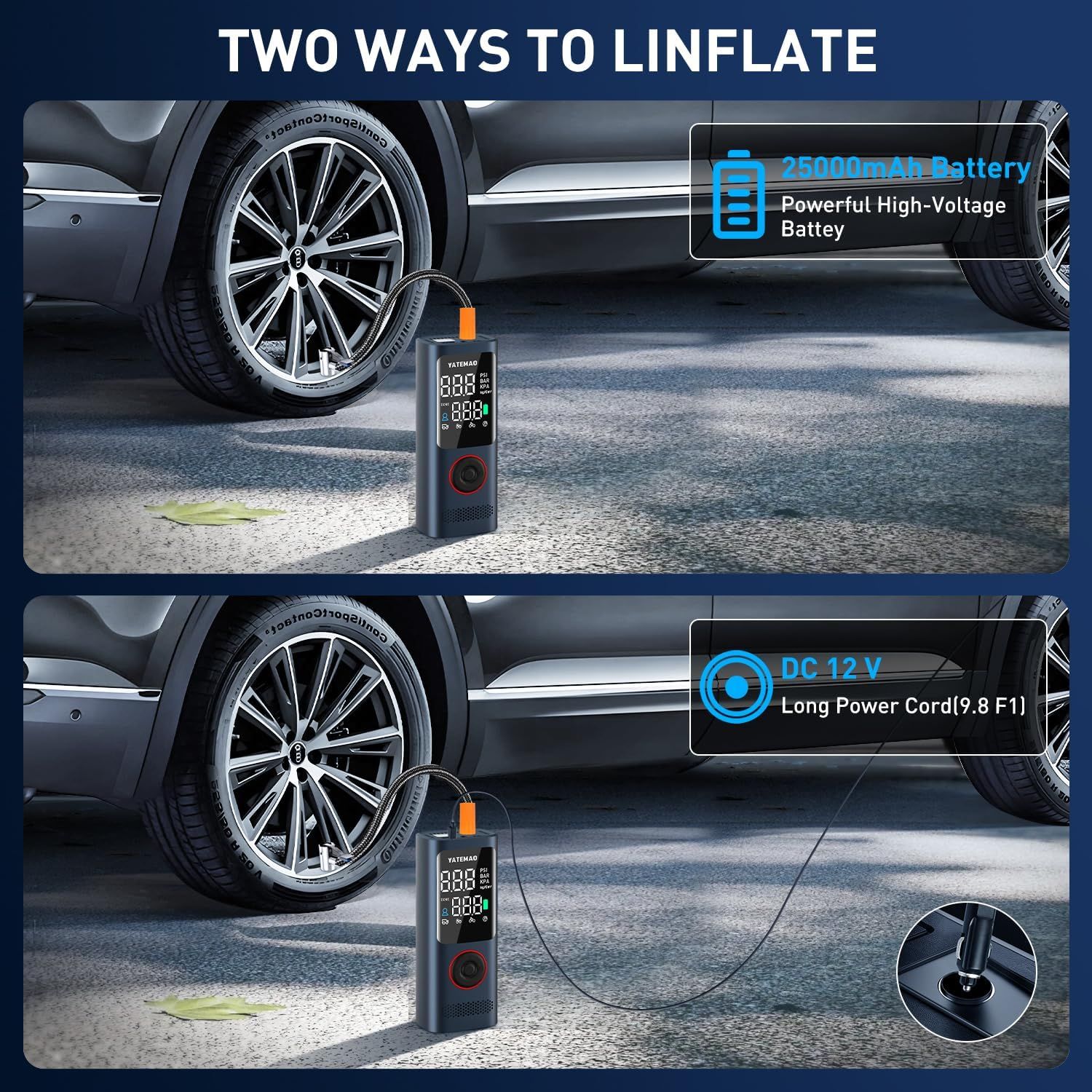 YATEMAO Cordless Tire Inflator - 25000mAh Portable Air Compressor, 160PSI Fast Pump For Car, Bike, Motorcycle & Balls - View #6