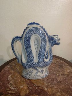 Chinese Teapot Pitcher Porcelain Dragon Shape Blue & White.
