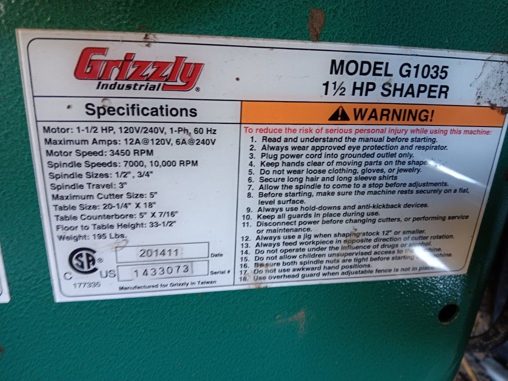 G1035 Grizzly Shaper With Bits And Automatic Feed