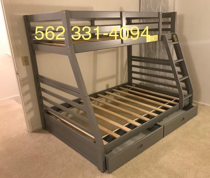 🚩Gray Full/Twin Bunk Bed w Drawers, Orthopedic Supreme mattresses Included