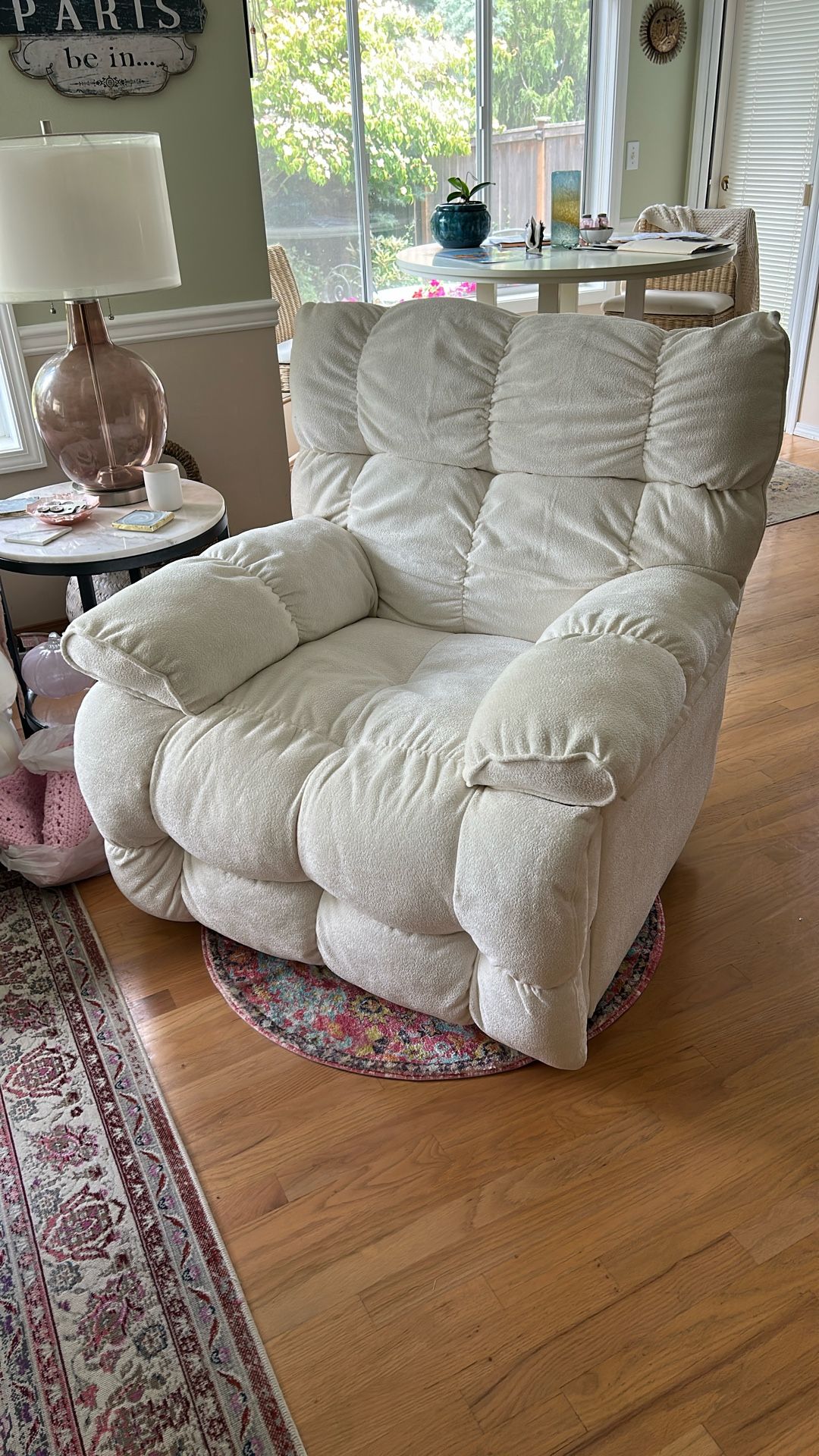 White Boucle Swivel Recliner