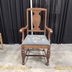 Vintage Brown Wood Dining Armchair with Floral Tapestry Seat