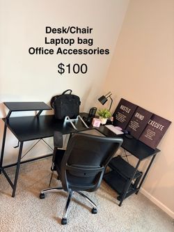 Black Desk, Chair, Laptop Bag & Office Accessories