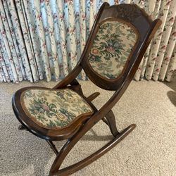 Well Loved Vintage 1920's , Folding,  Cherry Wood Rocking Chair with Original Fabric Home Decor Antique Furniture