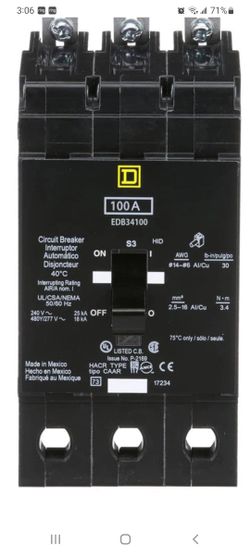 Square D100 Amp 3 Pole 480Volt Breaker