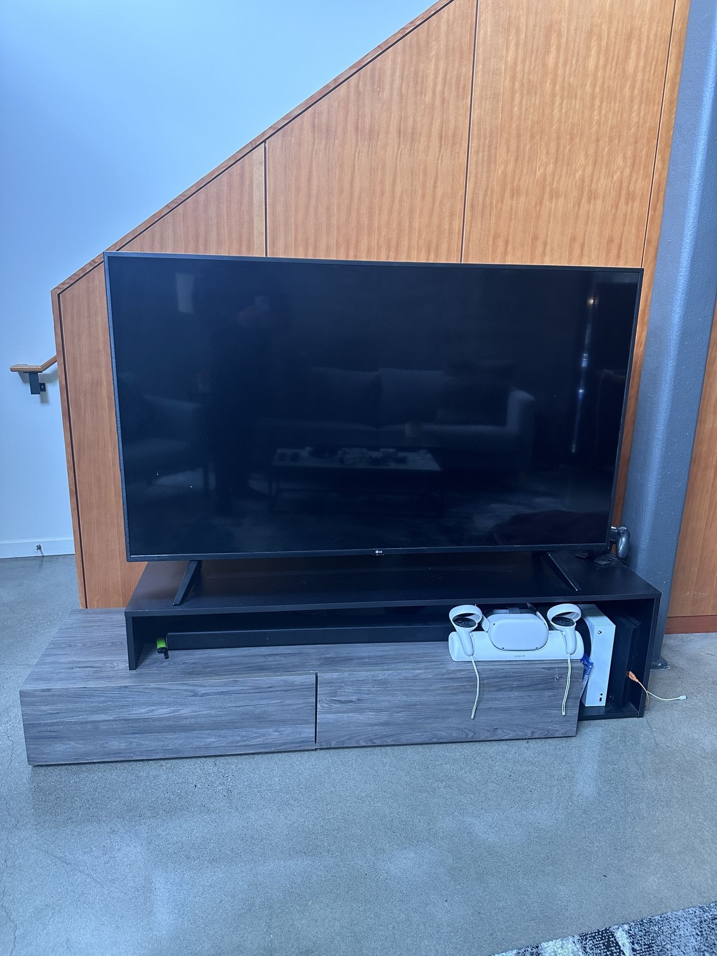 65 inch TV, Sound system and TV stand w Drawers