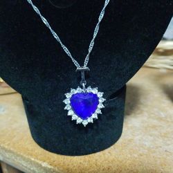 Sapphire Heart On 22 1nch Stainless Steel Chain