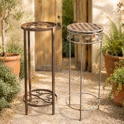 Rusty Tall Metal Plant Stands Planter Pot Garden Displays Vintage Rustic Weathered Set 2 Both 