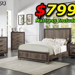 4pcs Queen Size Bedroom Set w. Mattress Included 