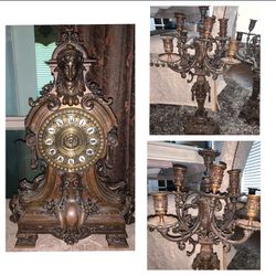 3 piece french bronze clock and candelabra set - SEE DETAILS