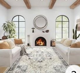 5x7 Washable Nonslip Low Pile Vintage Area Rug, Ivory/Charcoal/Taupe, NEW