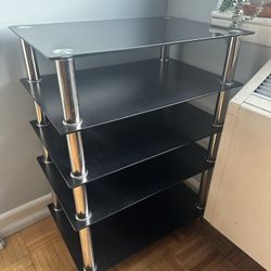 FOR SALE: Modern 4-Tier Black + Chrome Media Shelf – Excellent Condition
