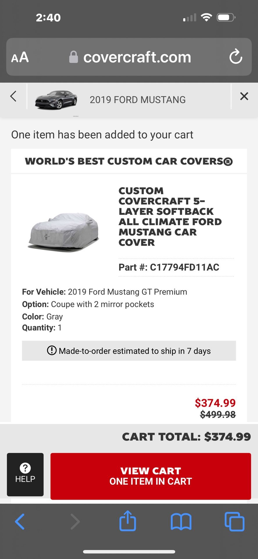 Mustang Car Cover.  