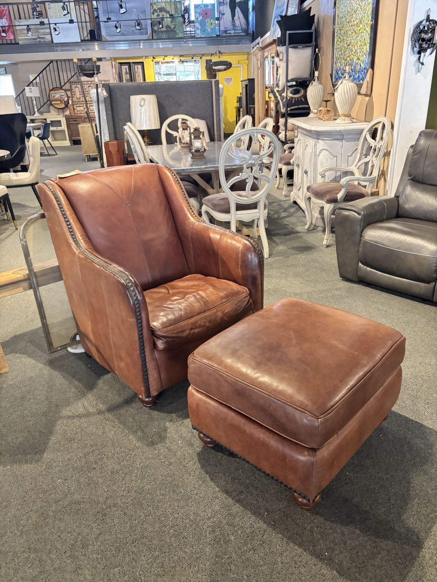Thomasville Dark Leather Chair & Ottoman W/ Nailhead Accents - SKU: QDHDRY
