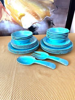 Turquoise Melamine Dinnerware Set with Serving Utensils