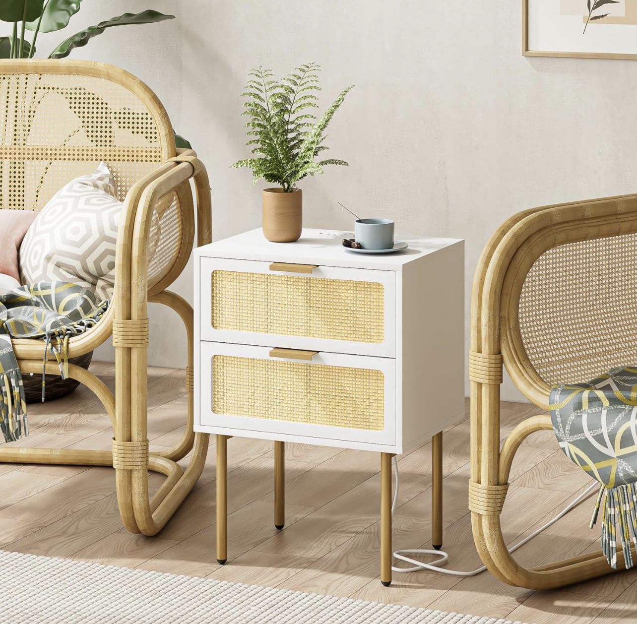 Rattan Nightstand with Charging Station, 2 Drawer Dresser