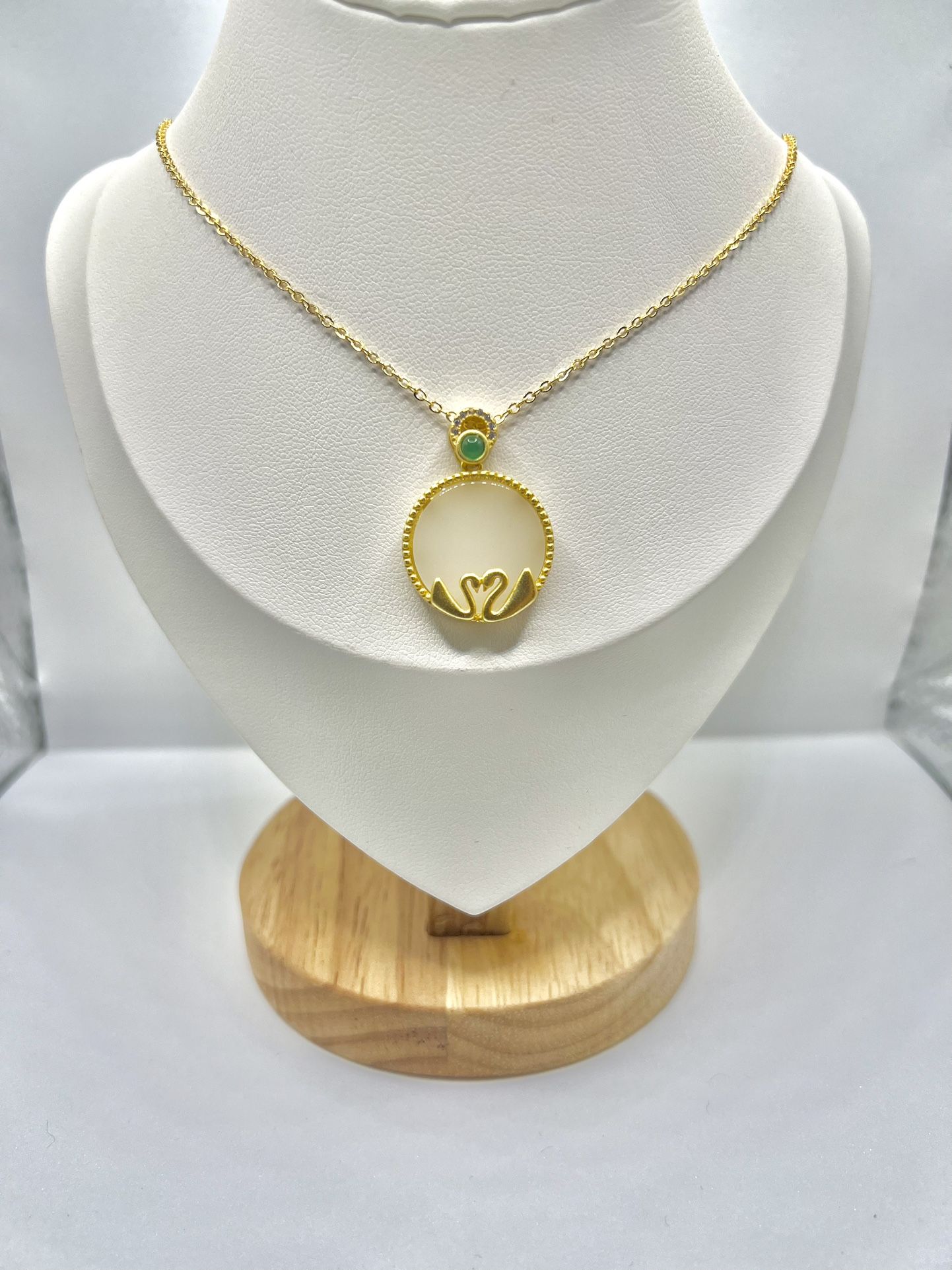 White Jade Swans Gold Necklace