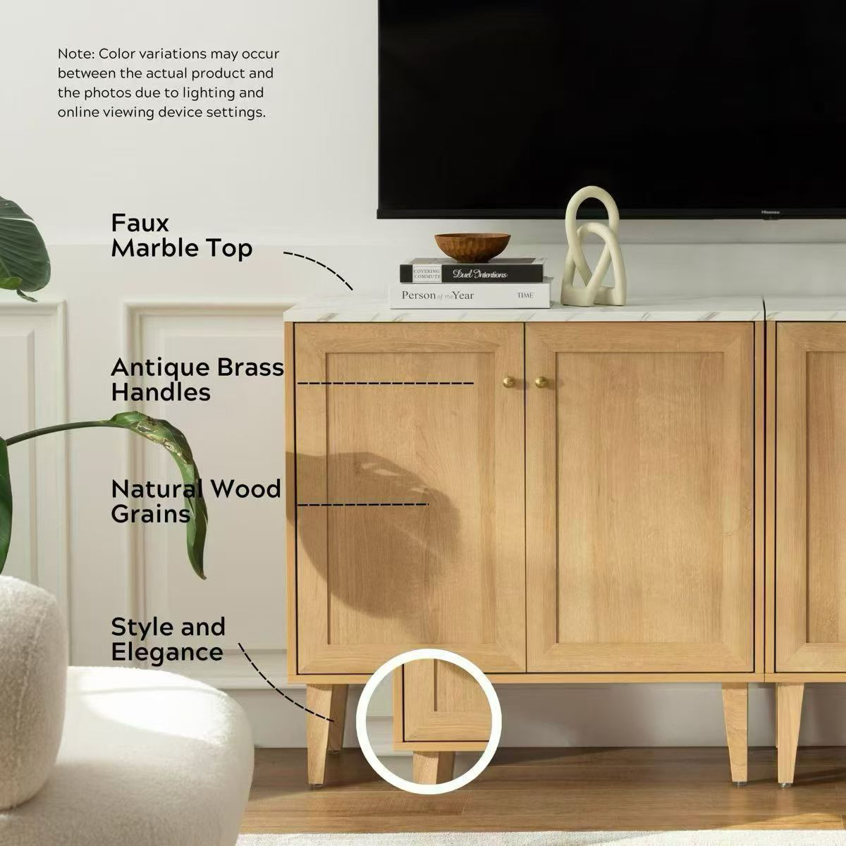 Modern Storage Cabinet Freestanding Accent Cabinets Sideboard Buffet with Faux Marble Top & Adjustable Shelves Wooden Organizer for Dining Room,$120