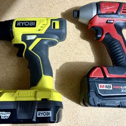 Milwaukee Driver And Ryobi Drill With Batteries