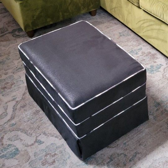 Rectangular Black Upholstered Ottoman with Contrast Piping