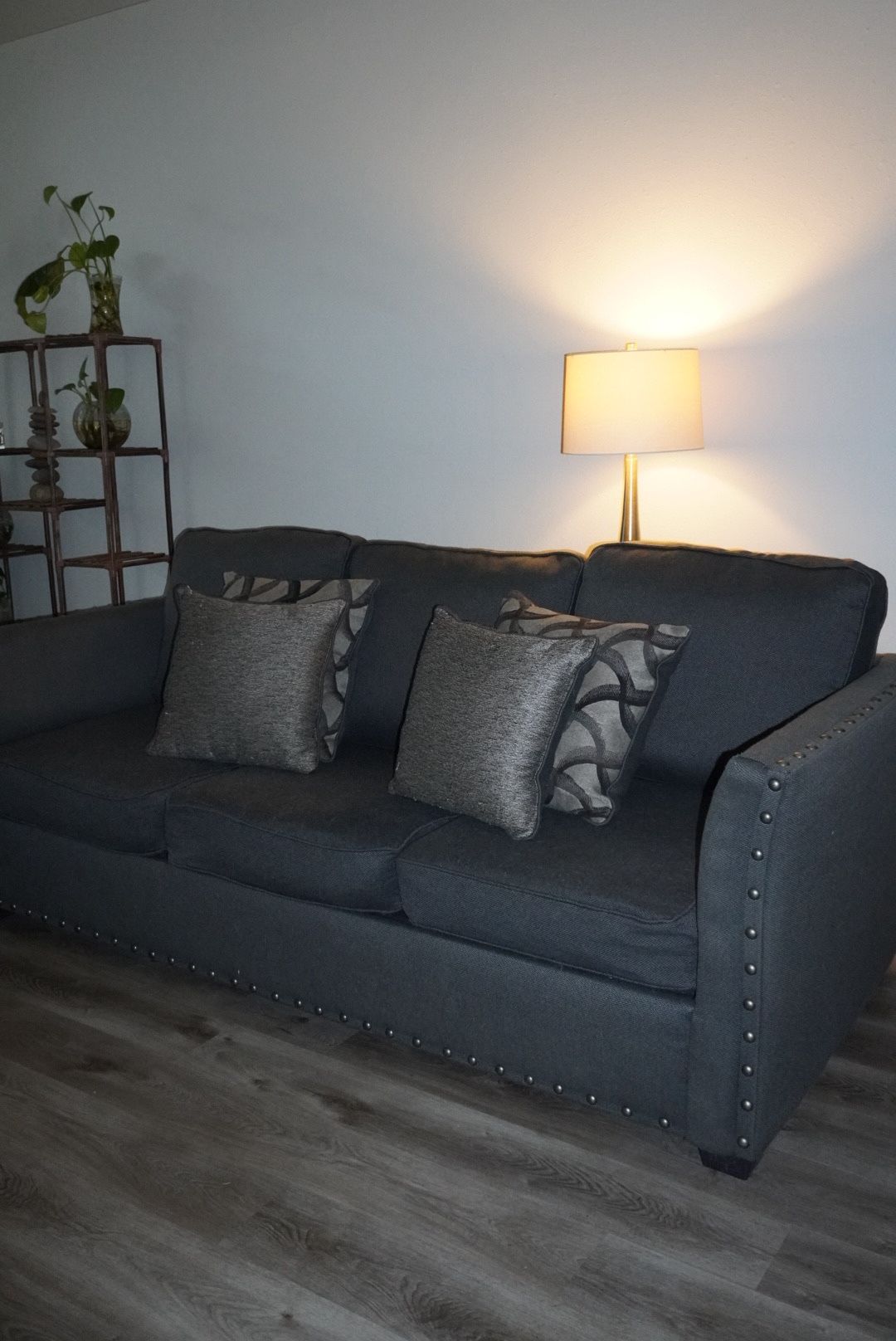 Gray Studded 3-Cushion & 2-Cushion Sofa Set – Gently Used + FREE Extras!