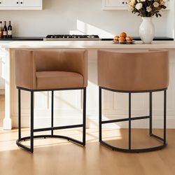 24" Counter Height Bar Stools Set of 3 Modern Barrel Counter Stools with Backrest and Arms, Faux Leather Upholstered Accent Barstools with Metal Legs 