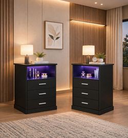 Black Nightstand Set of 2,LED Bedside Table with Power Outlet
Nightstand with Charging Station and LED Lights & Drawers,Modern End Side Table,Night St