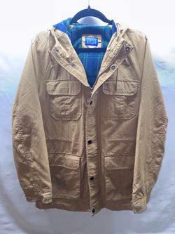 Simply Styled Tan Mountain Parka Jacket Flannel Lined Hooded Utility Medium EUC