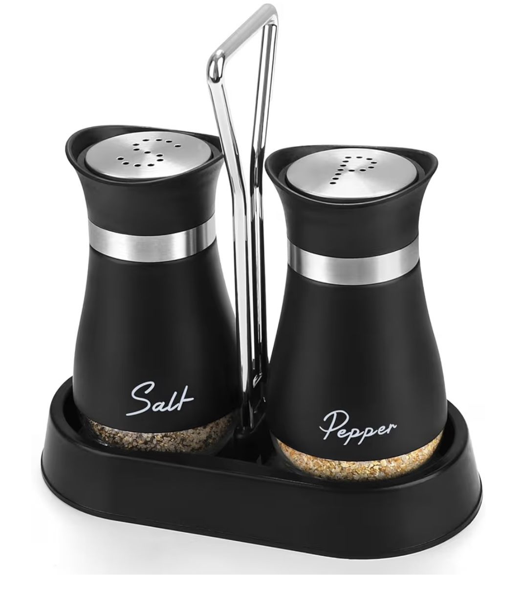Salt and Pepper Shakers Set with Holder, 4 oz Stainless Steel Salt Pepper Shaker Containers with Glass Bottom