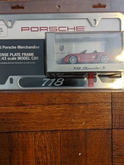 Porsche Official Merchandise Metal License Plate Frame With 1.43 Scale Model Car Porsche Boxster S. This Is A Limited Edition Collectible Item 
