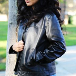Black Leather Jackey For Women Button Up Shirt Style