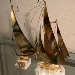 ( 2 )  Vintage Signed Brass and Stone Sailboats Sculpture, Nautical Decor 14”