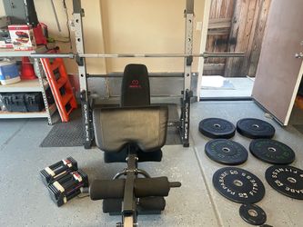 Workout Olympic Bench, Barbell, Adjustable Powerblocl Dumbbells, and Bumper plates