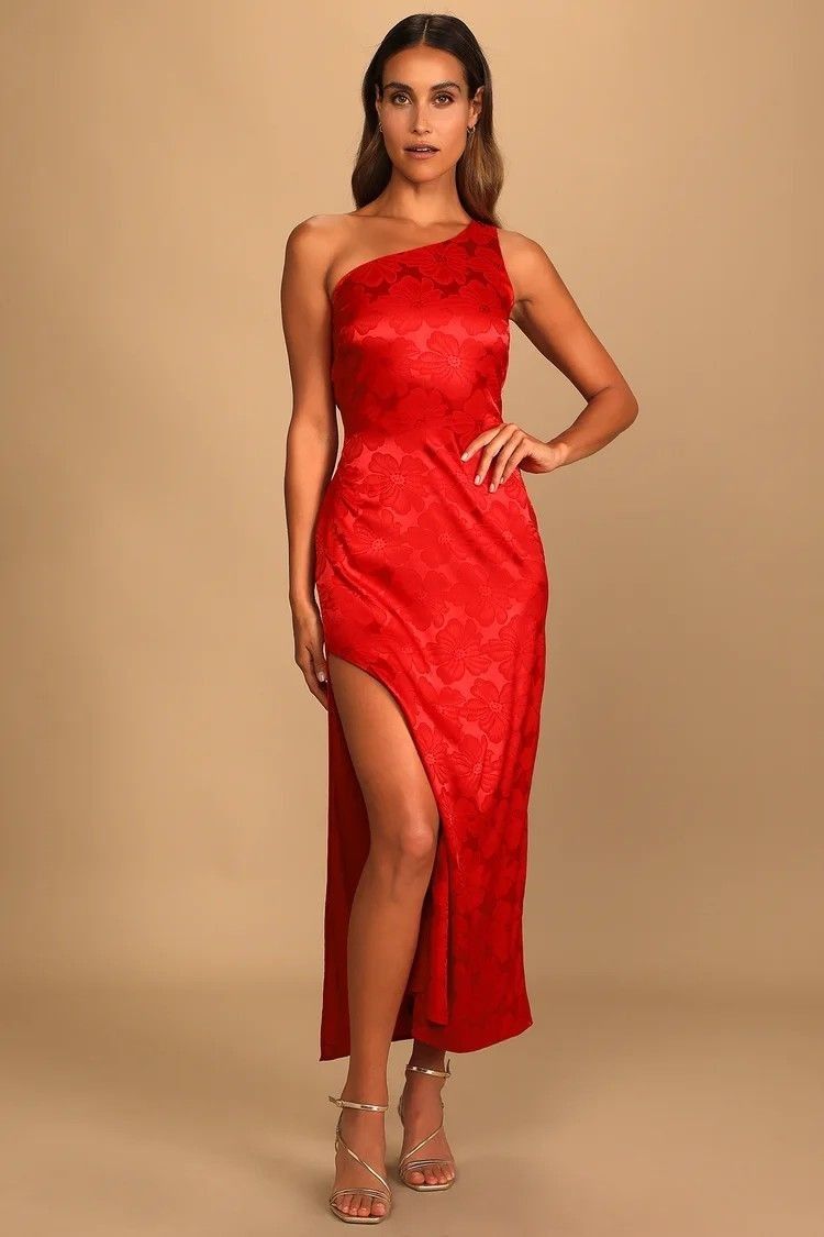 New - Red Satin Jacquard One-Shoulder Maxi Dress