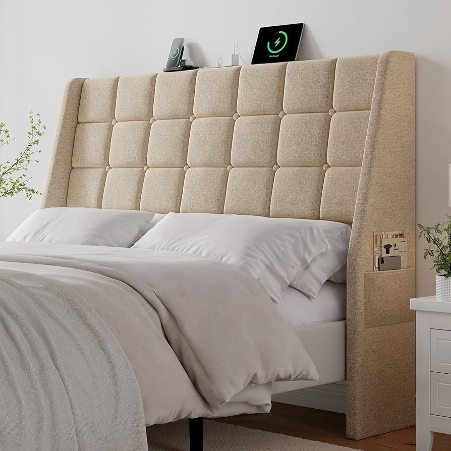 Ergonomic Upholstered Headboard Queen Size w/Charging Station, Linen Wingback Headboards w/Storage Pocket, Queen Headboard Only, Bed Frame Adapters, S