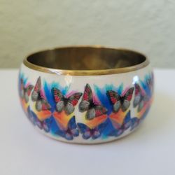 Vintage Wide Brass Bangle Bracelet Butterfly Multicolor Jewelry