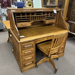 Antique Oak Roll Top Desk & Chair