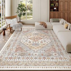 NEW 7x9 Washable Area Rug – Orange Vintage Non-Slip
