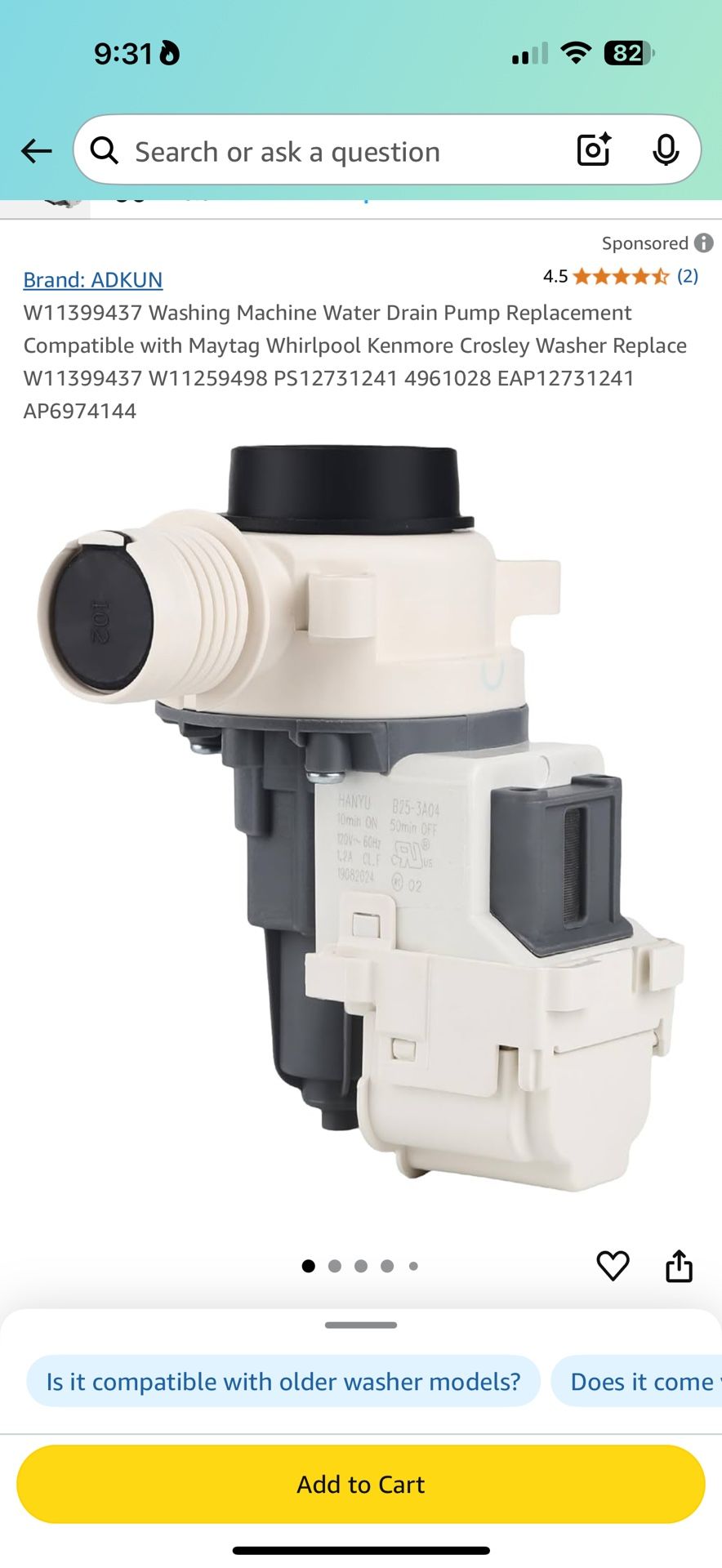 W11399437 Washing Machine Water Drain Pump Replacement Compatible with Maytag Whirlpool Kenmore Crosley Washer