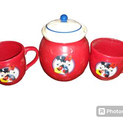 Vintage Hallmark Disney Mickie Mouse & Minnie Mouse Cookie Snack Jar w/ 2 Mugs