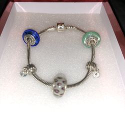 PANDORA SILVER BRACELET W/ 5 Silver Charms 7.5in