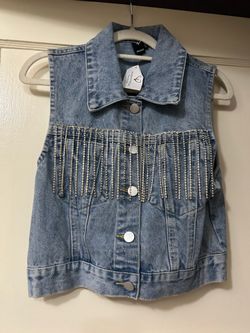 Windsor denim cropped no sleeve jacket with dangling rhinestones- Small