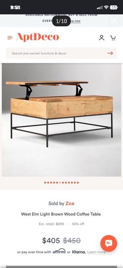 LOW PRICE MOVING- $849 + TAX AND SHIPPING RETAIL WEST ELM LIFT TOP STORAGE COFFEE TABLE