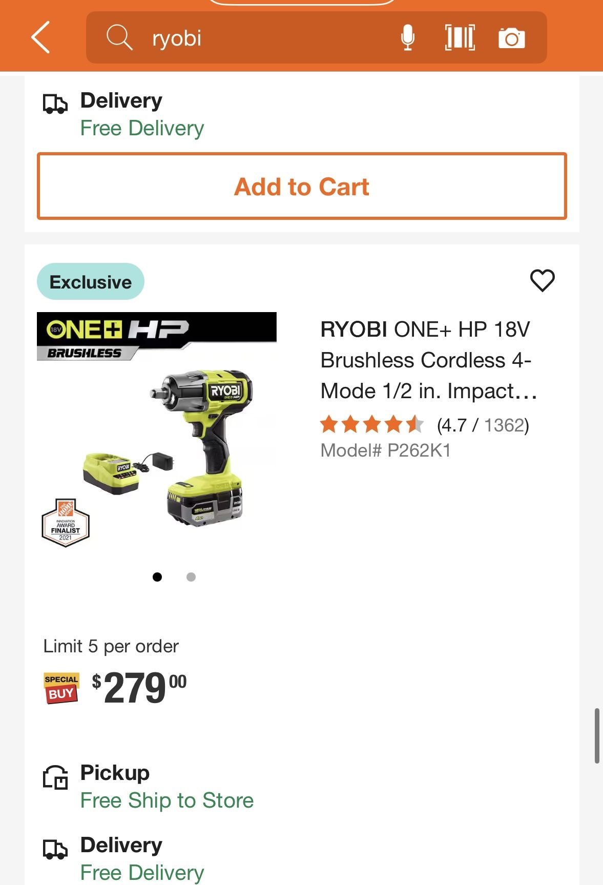 RYOBI ONE+ HP 18V Brushless Cordless 4-Mode 1/2 in. Impact... (4.7 / 1362)